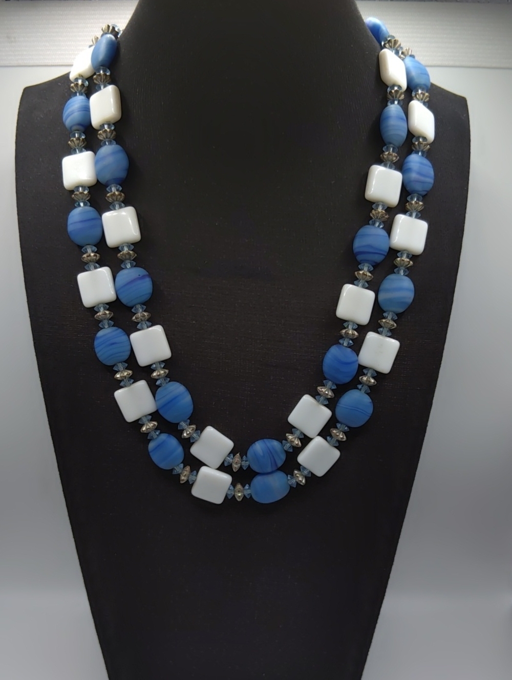 Hobé Blue Art Glass and White Milk Glass Double Strand Necklace - Picture 7 of 8